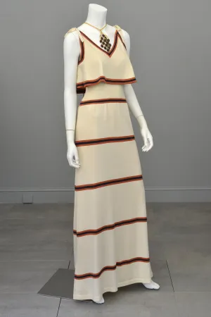 1970s Knit Maxi Dress with Flounce Top, Navy and Nutmeg Stripes, Italian knit by Crissa