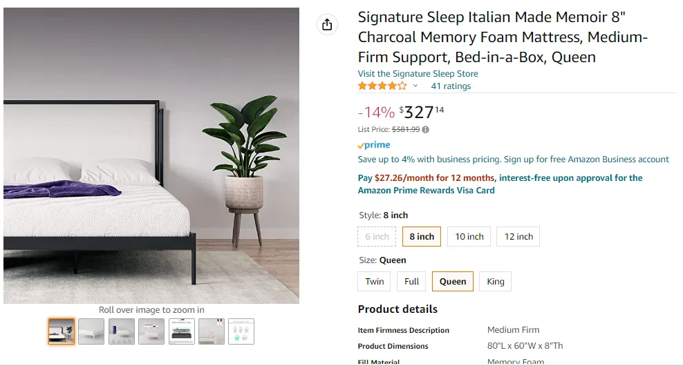 829MON007 - UPC 029986630223 Signature Sleep Memoir 8" Charcoal Memory Foam Mattress, Queen