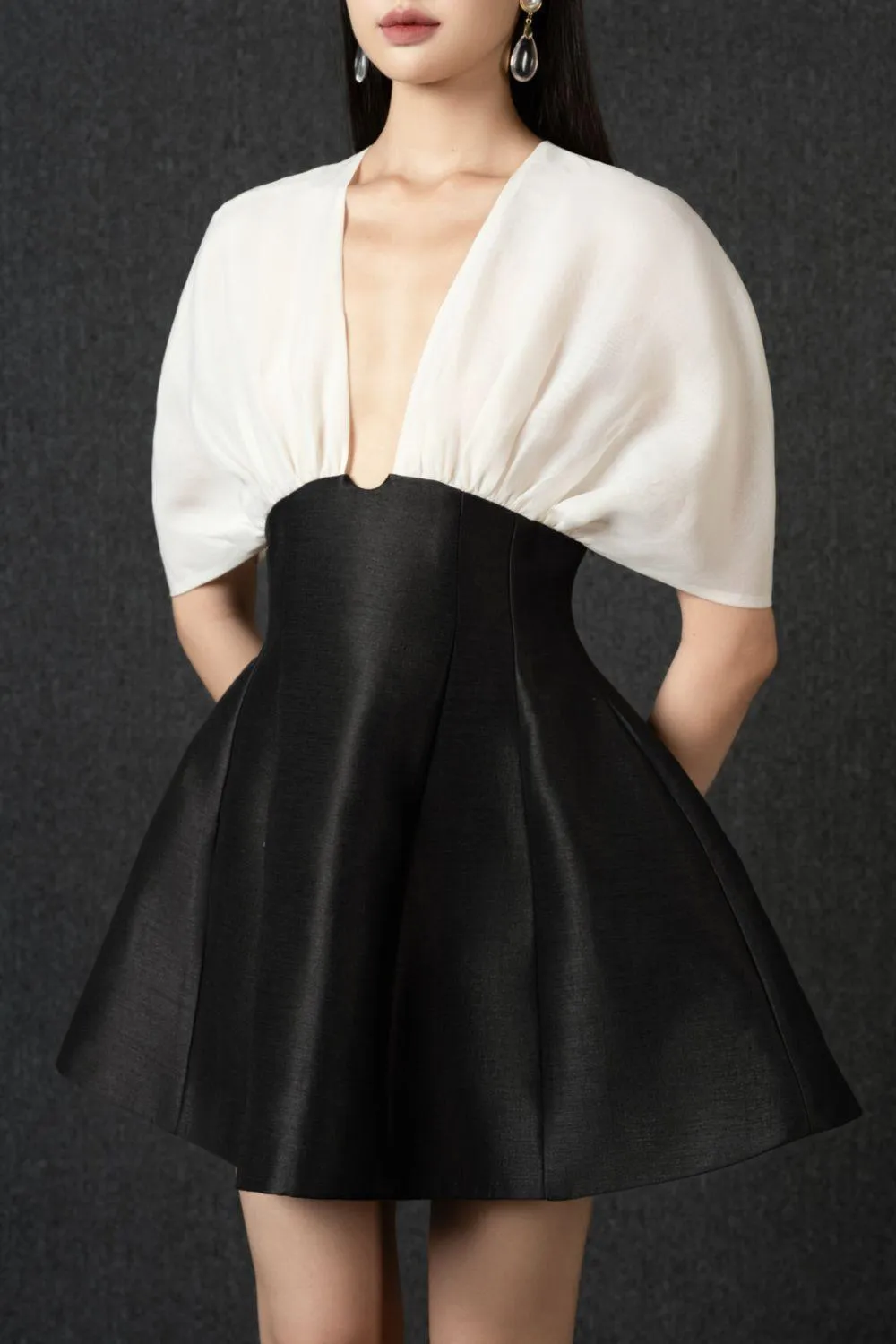Ada Fit and Flare V-Neck Taffeta Mini Dress