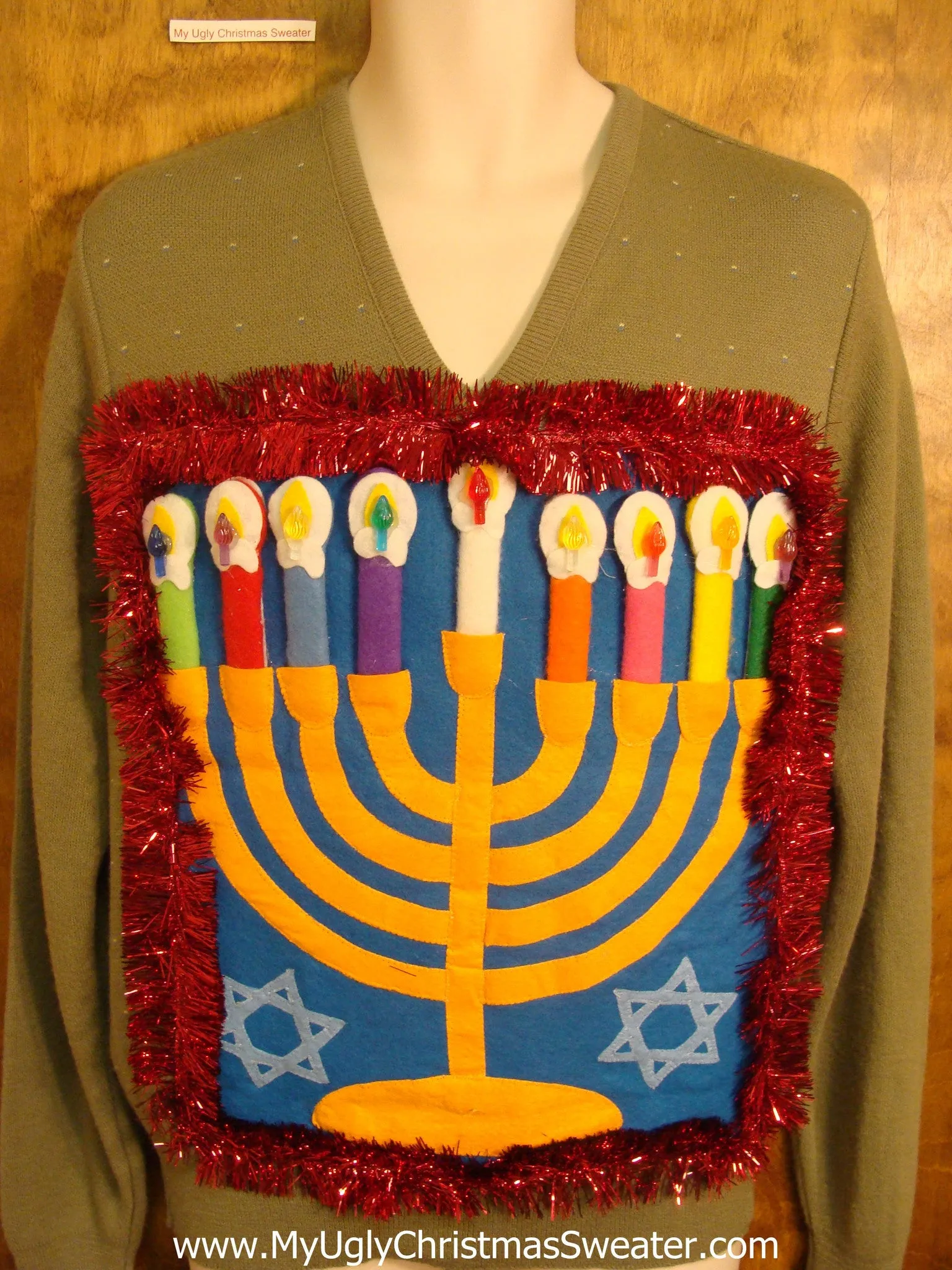Amazing Vneck Mens Hanukkah Sweater with Menorah
