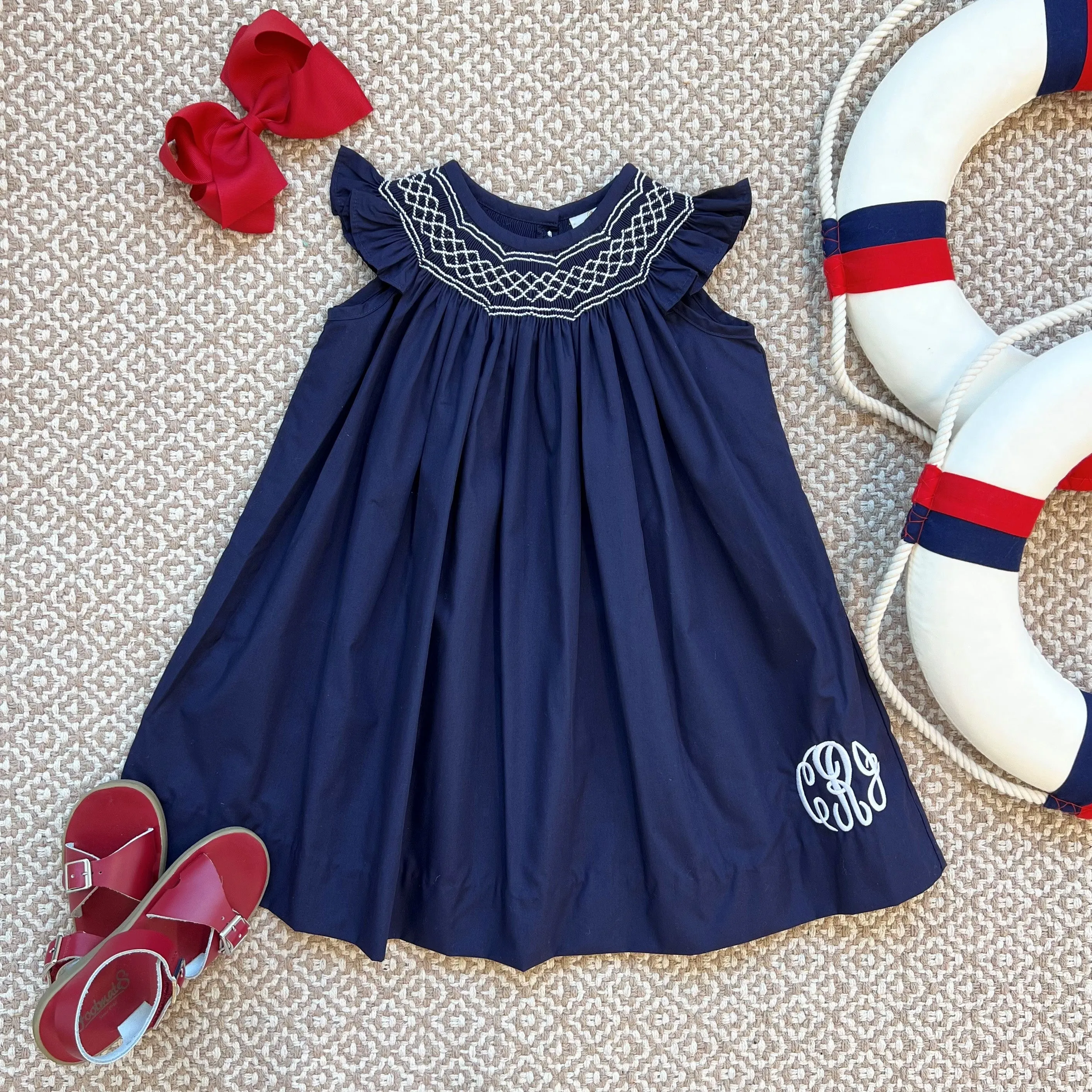 Angel Sleeve Sandy Smocked Dress - Nantucket Navy with Worth Avenue White Smocking