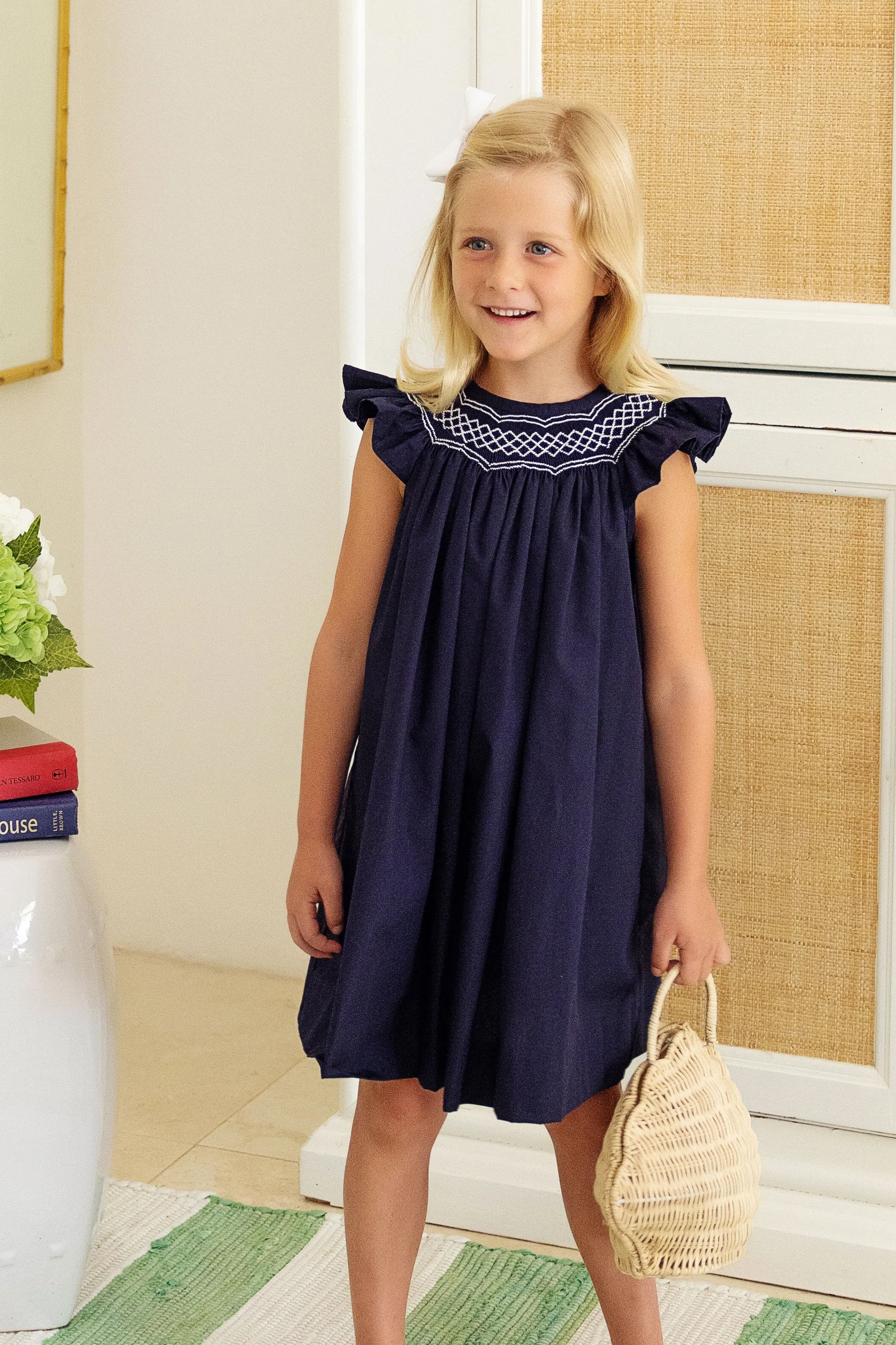 Angel Sleeve Sandy Smocked Dress - Nantucket Navy with Worth Avenue White Smocking
