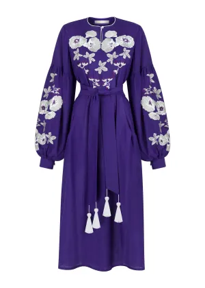 Belle Ikat Purple Olena Embroidered Linen Dress