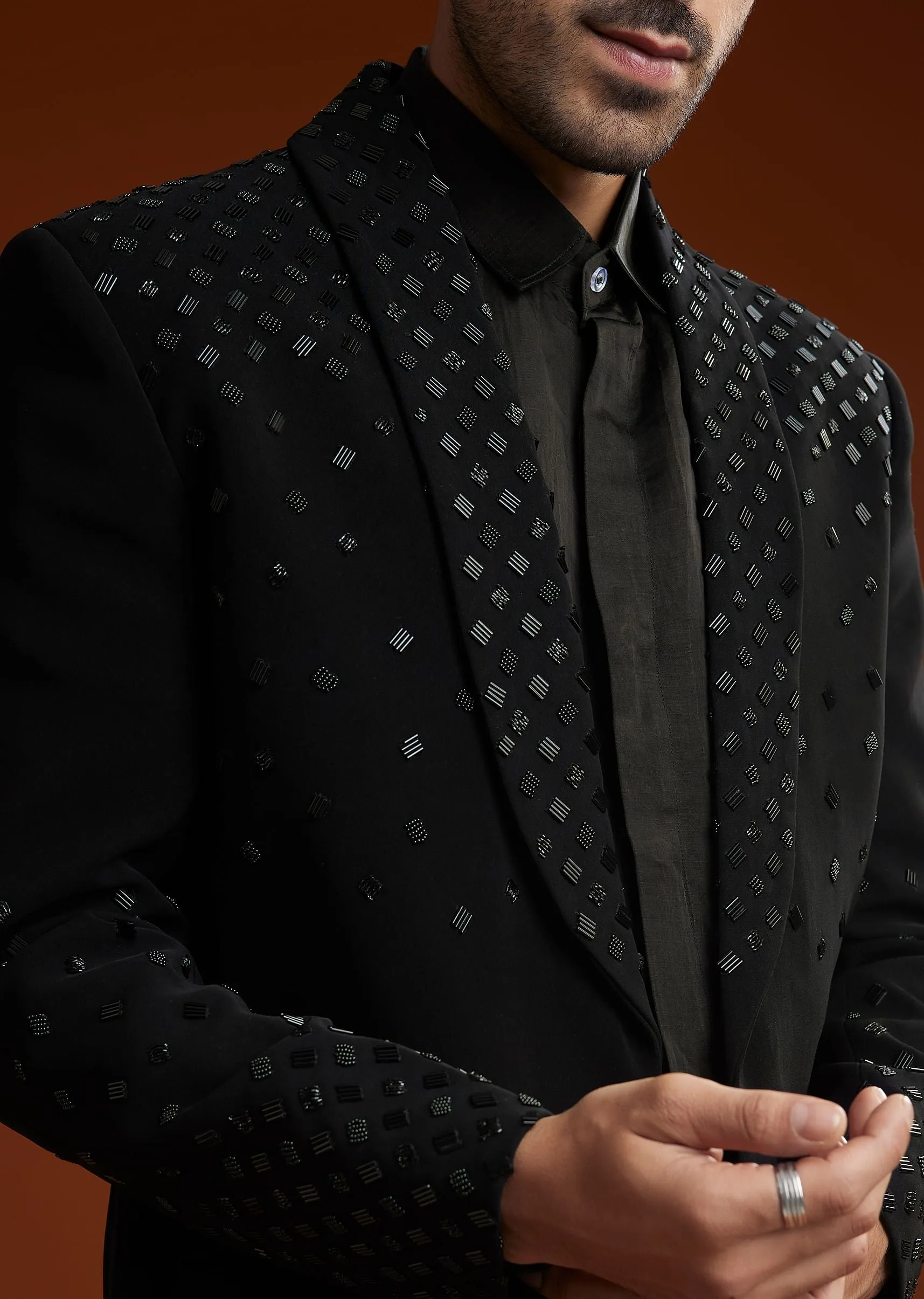 Black Cotton Satin Suit Set With Hand Embroidery