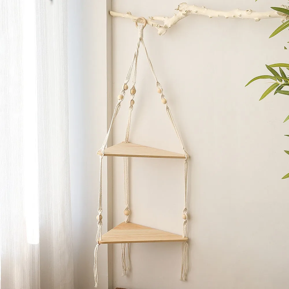 Bohemian Wood Corner Shelf Macrame