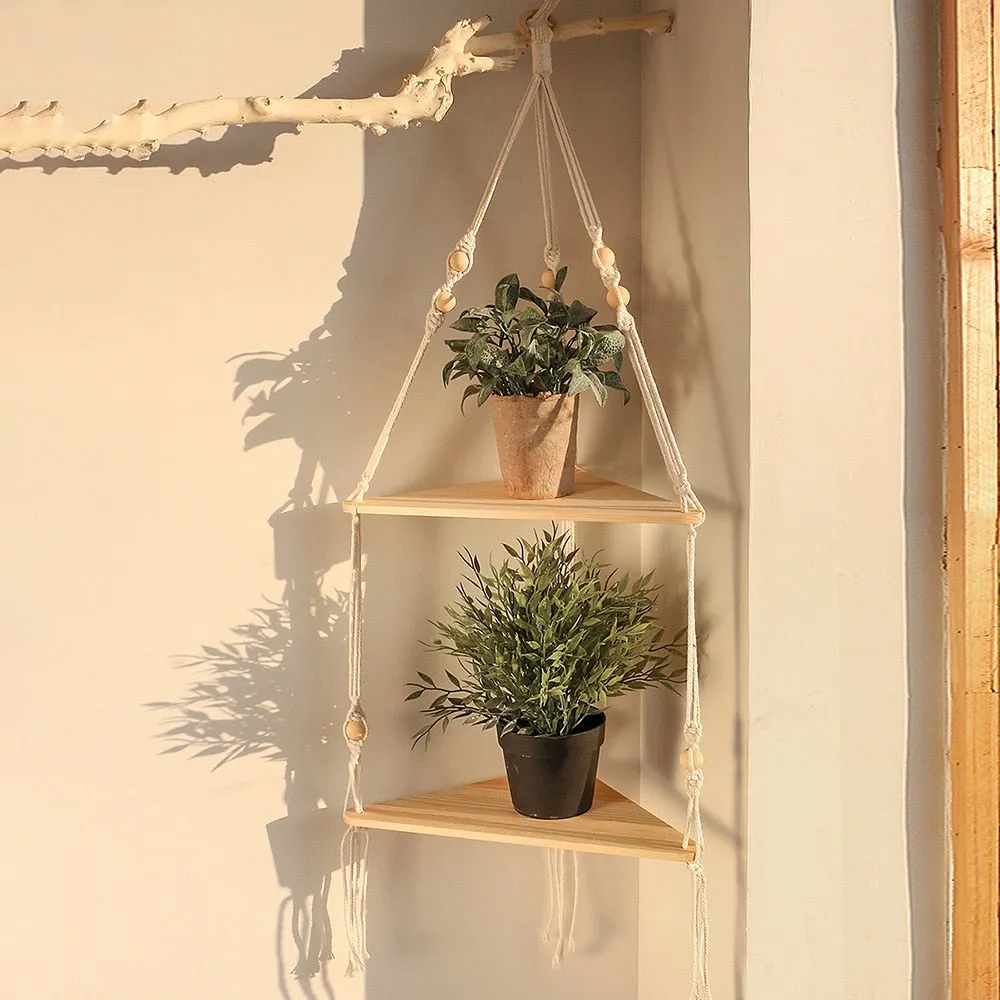 Bohemian Wood Corner Shelf Macrame