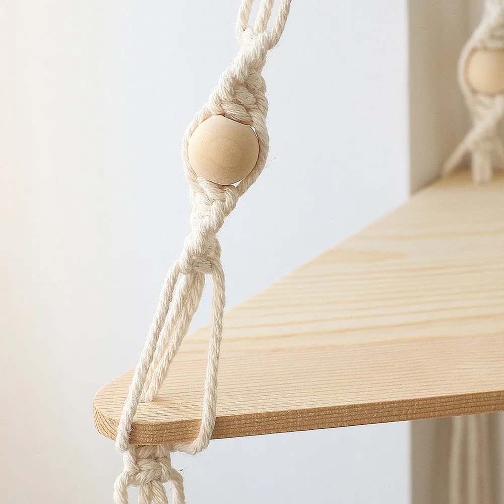 Bohemian Wood Corner Shelf Macrame