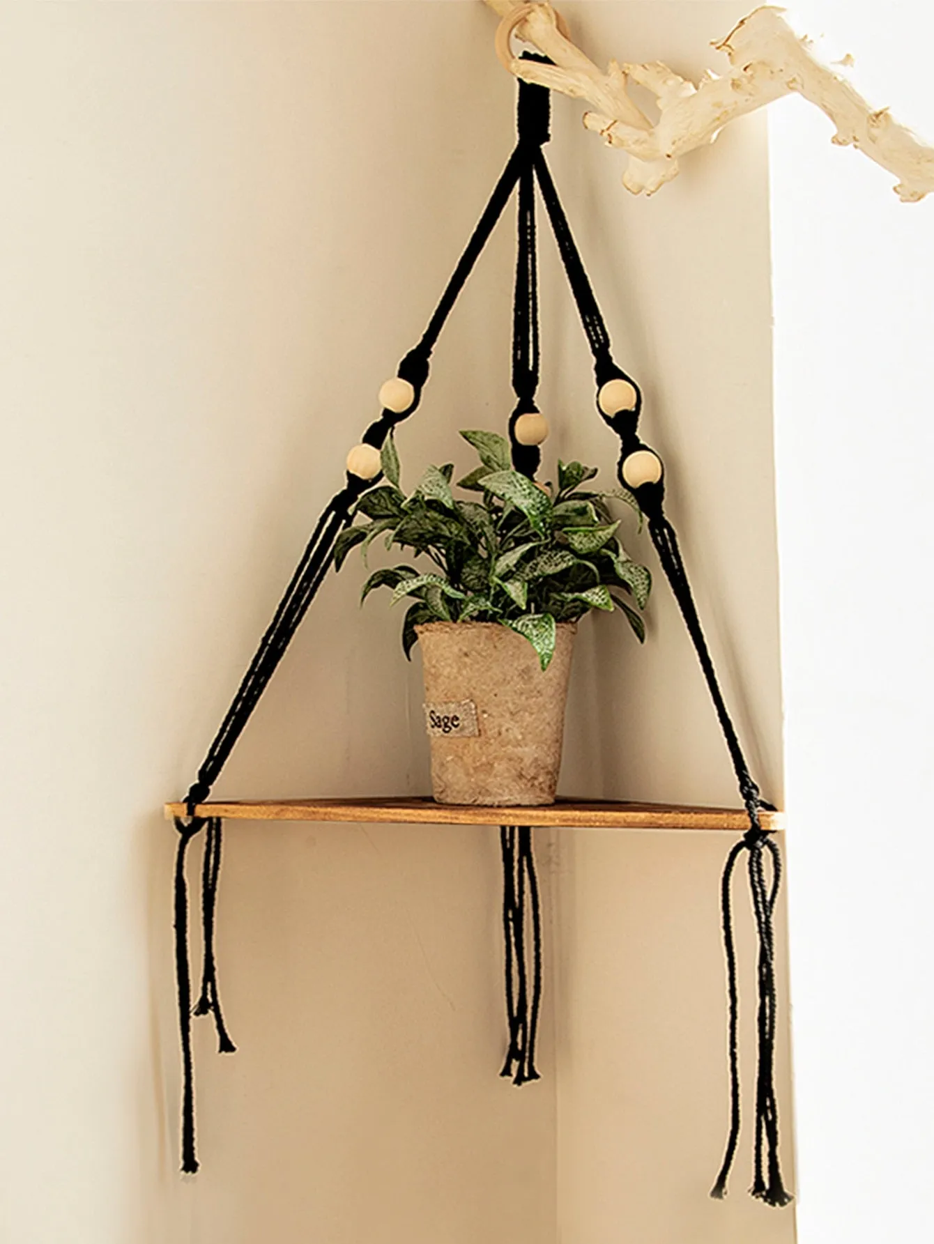 Bohemian Wood Corner Shelf Macrame