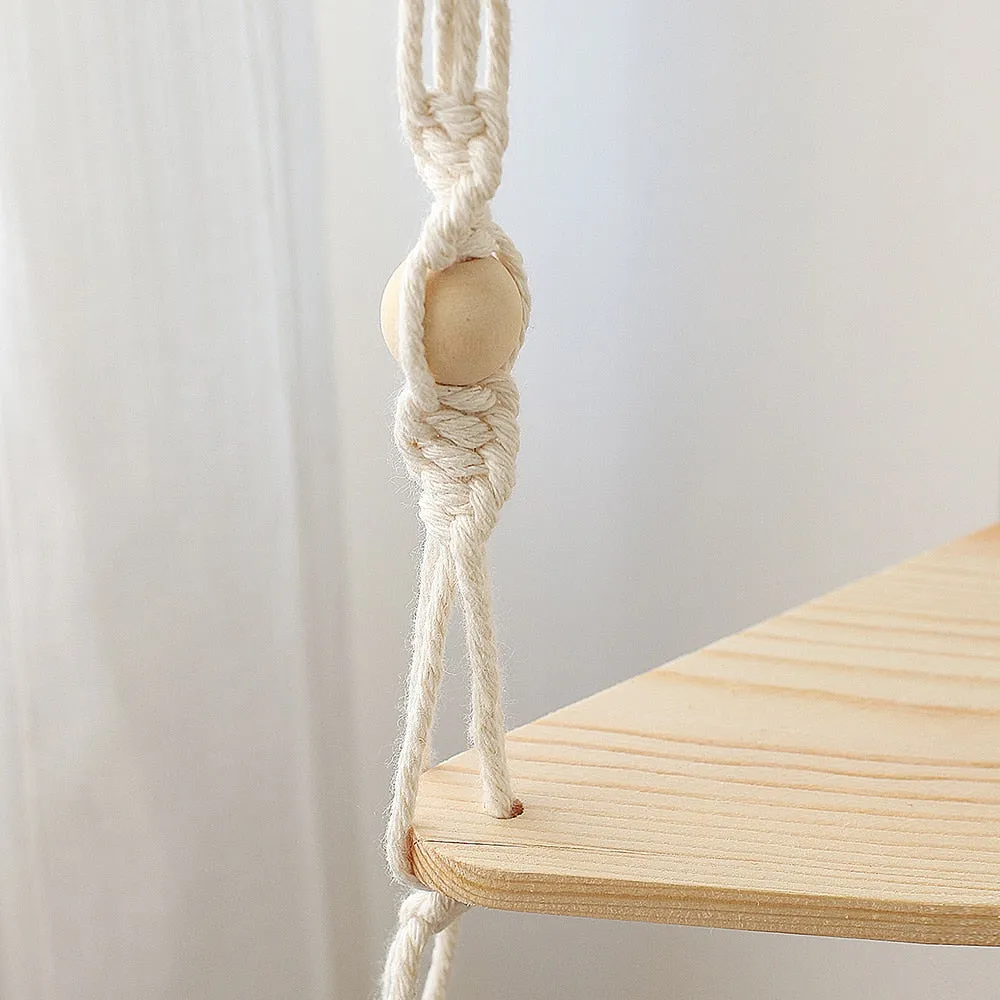 Bohemian Wood Corner Shelf Macrame