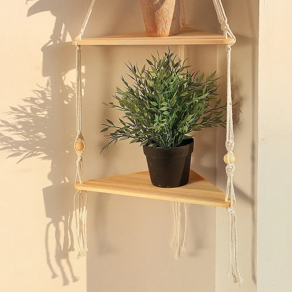Bohemian Wood Corner Shelf Macrame