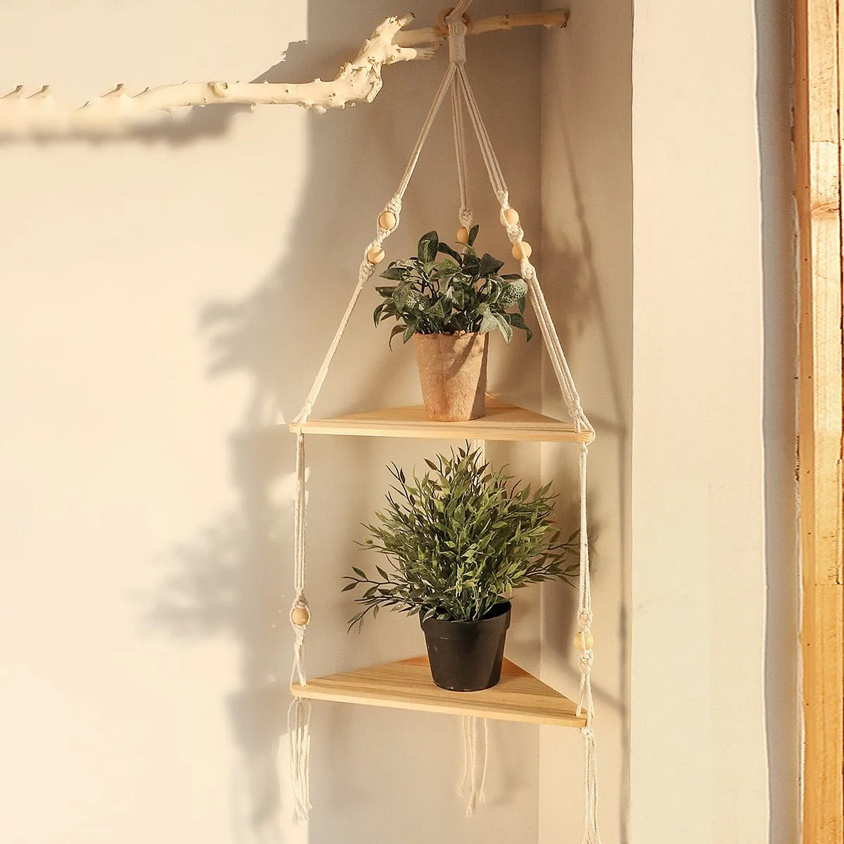 Bohemian Wood Corner Shelf Macrame