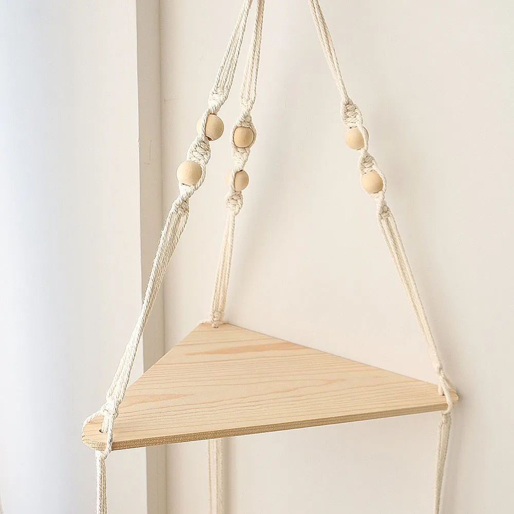 Bohemian Wood Corner Shelf Macrame