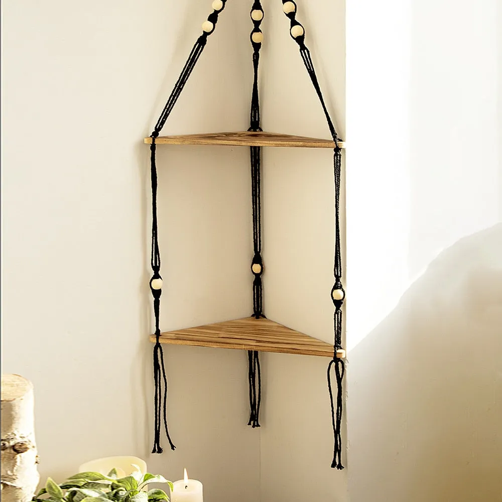 Bohemian Wood Corner Shelf Macrame