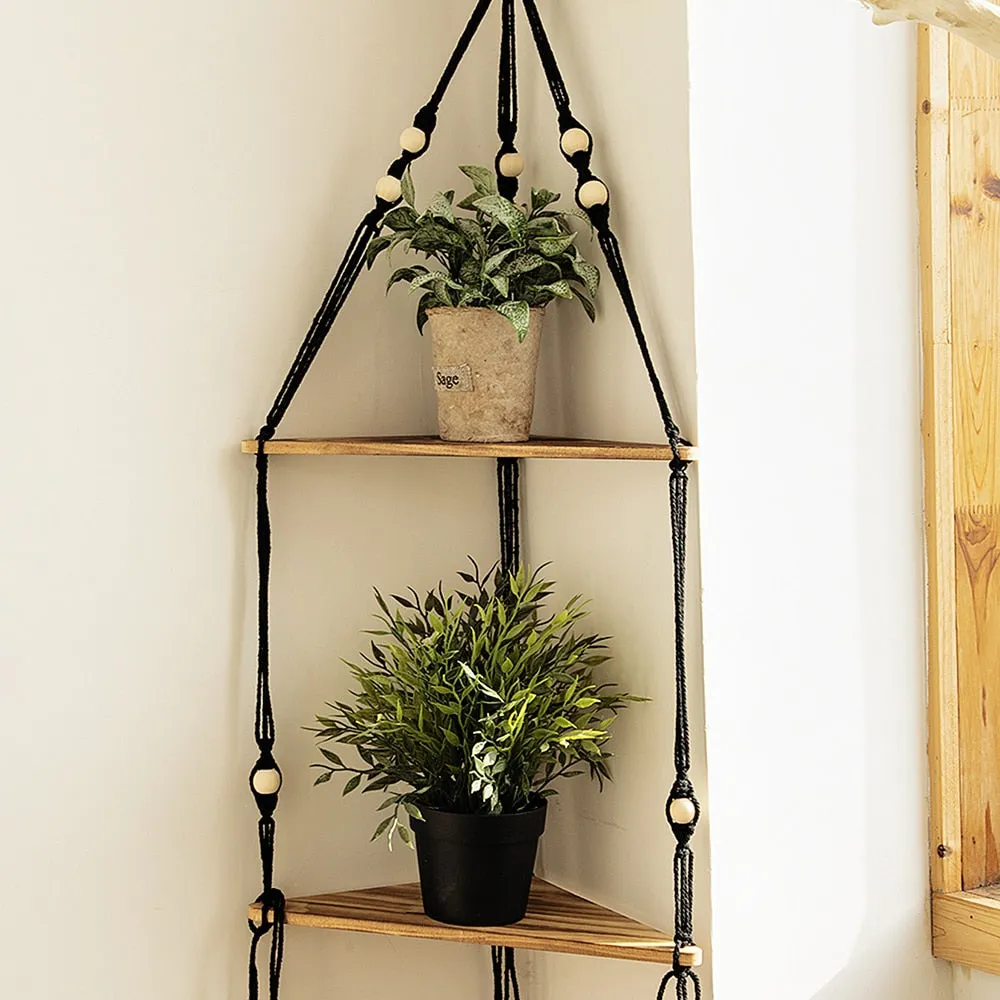 Bohemian Wood Corner Shelf Macrame