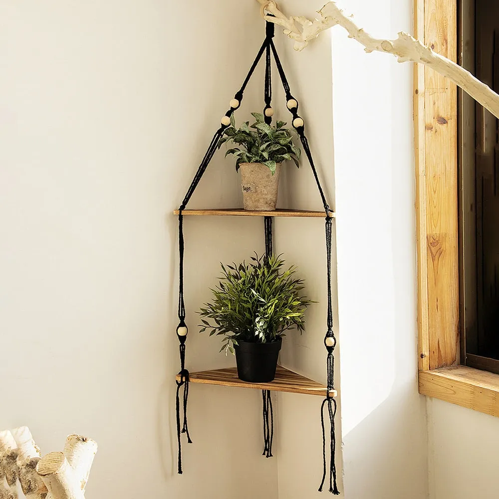 Bohemian Wood Corner Shelf Macrame