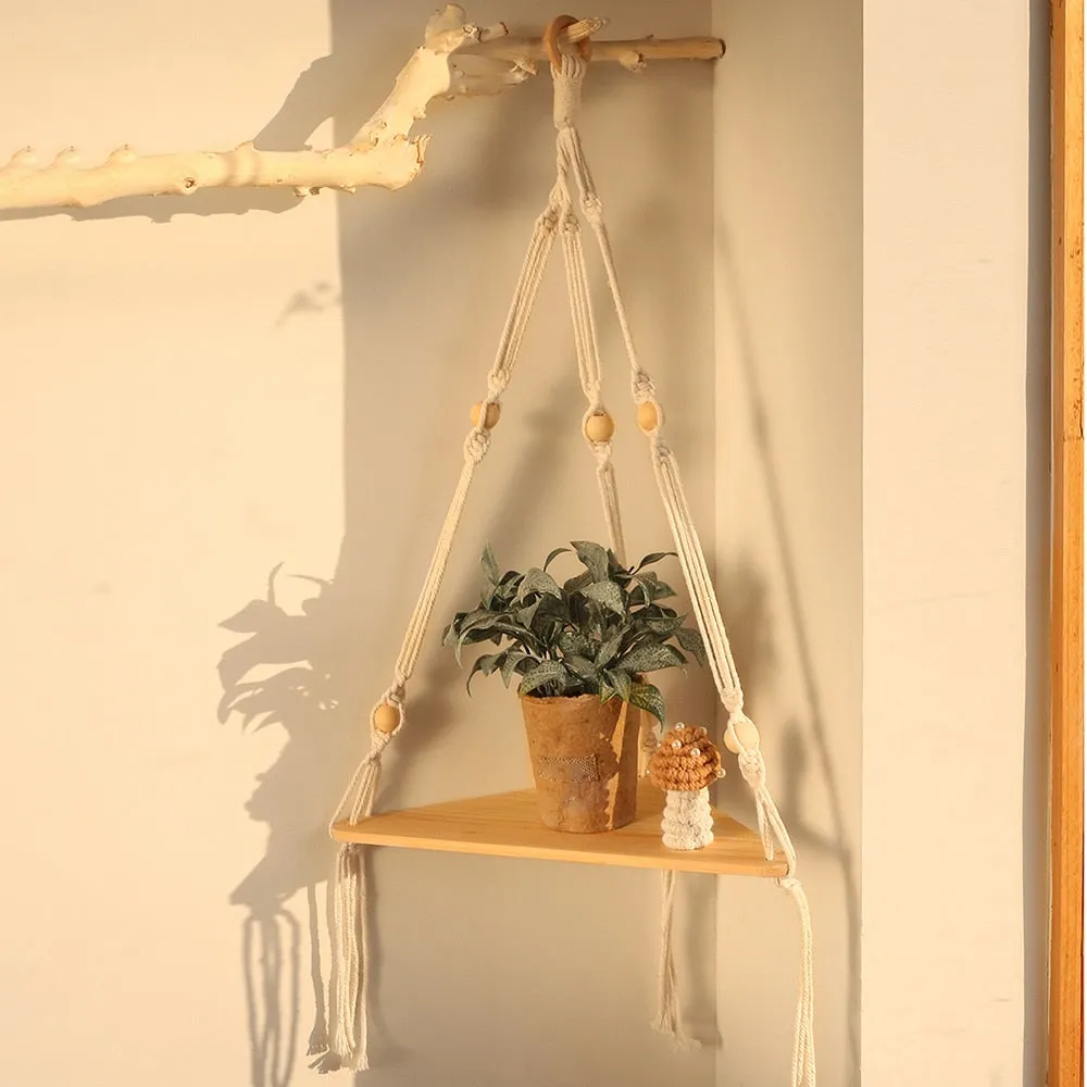 Bohemian Wood Corner Shelf Macrame