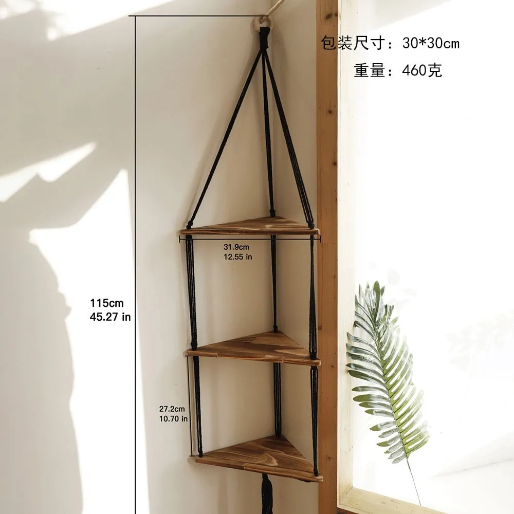 Bohemian Wood Corner Shelf Macrame