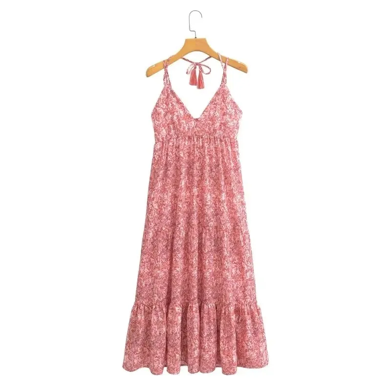 Brooke V-neck Pink Halter Sun Dress