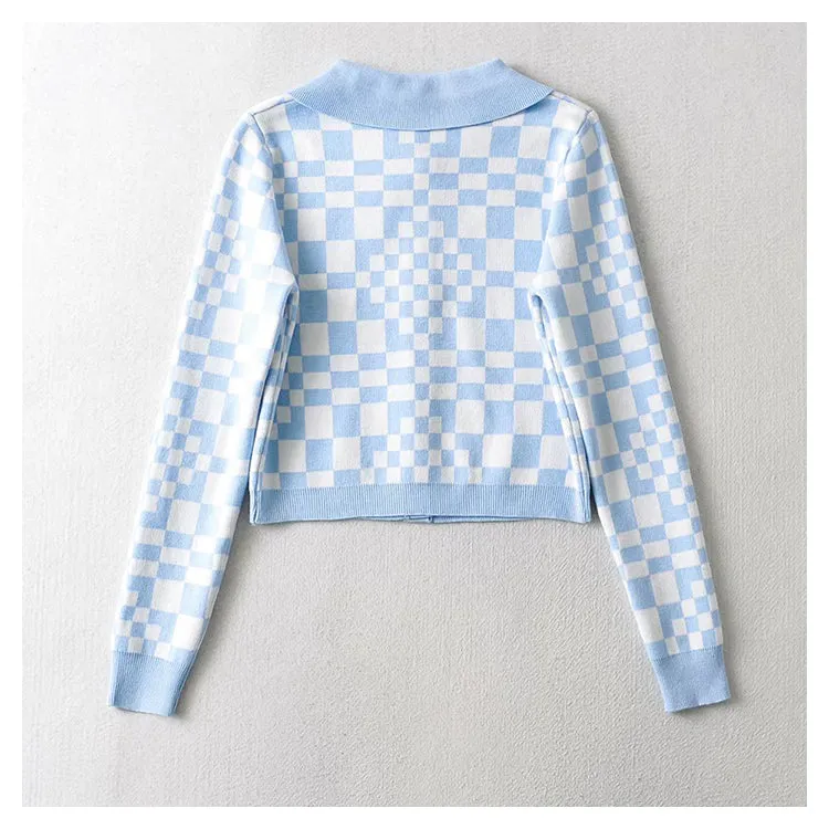 Checkerboard Plaid Polo neck sweater short sweater cardigan jacket  7357