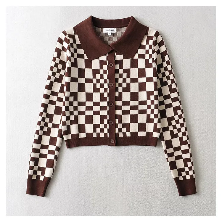 Checkerboard Plaid Polo neck sweater short sweater cardigan jacket  7357