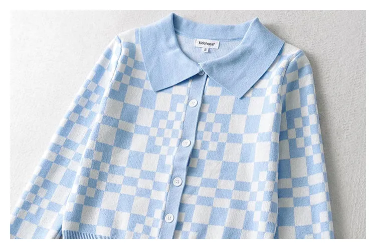 Checkerboard Plaid Polo neck sweater short sweater cardigan jacket  7357