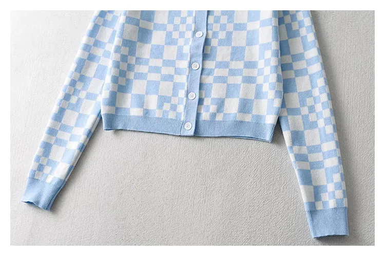 Checkerboard Plaid Polo neck sweater short sweater cardigan jacket  7357