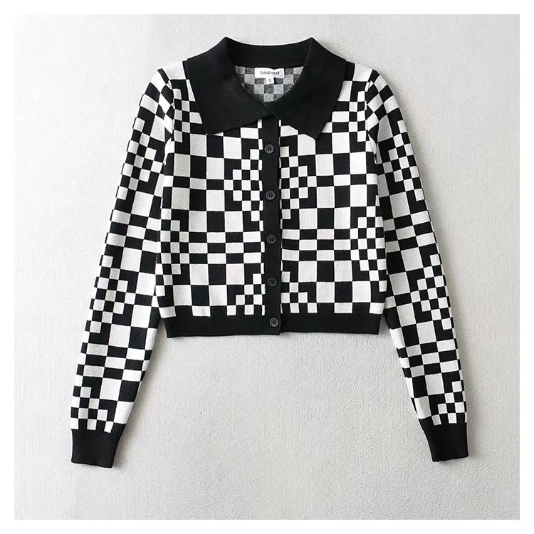 Checkerboard Plaid Polo neck sweater short sweater cardigan jacket  7357