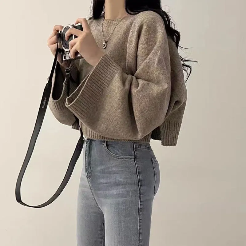 christmas outfit Sonicelife Solid Color Round Collar Pullover Crop Sweater