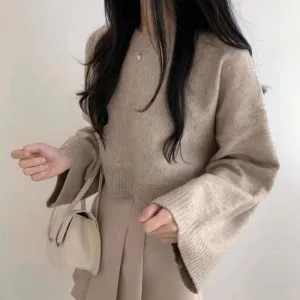 christmas outfit Sonicelife Solid Color Round Collar Pullover Crop Sweater
