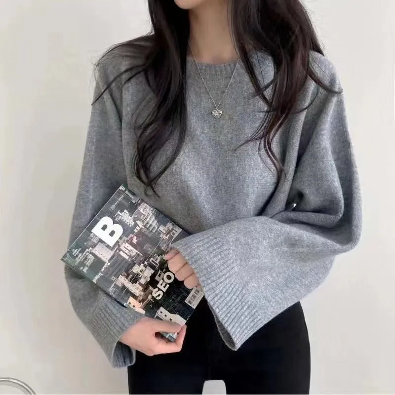 christmas outfit Sonicelife Solid Color Round Collar Pullover Crop Sweater