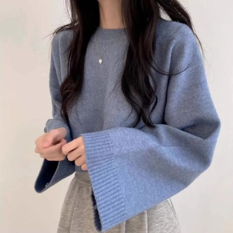 christmas outfit Sonicelife Solid Color Round Collar Pullover Crop Sweater
