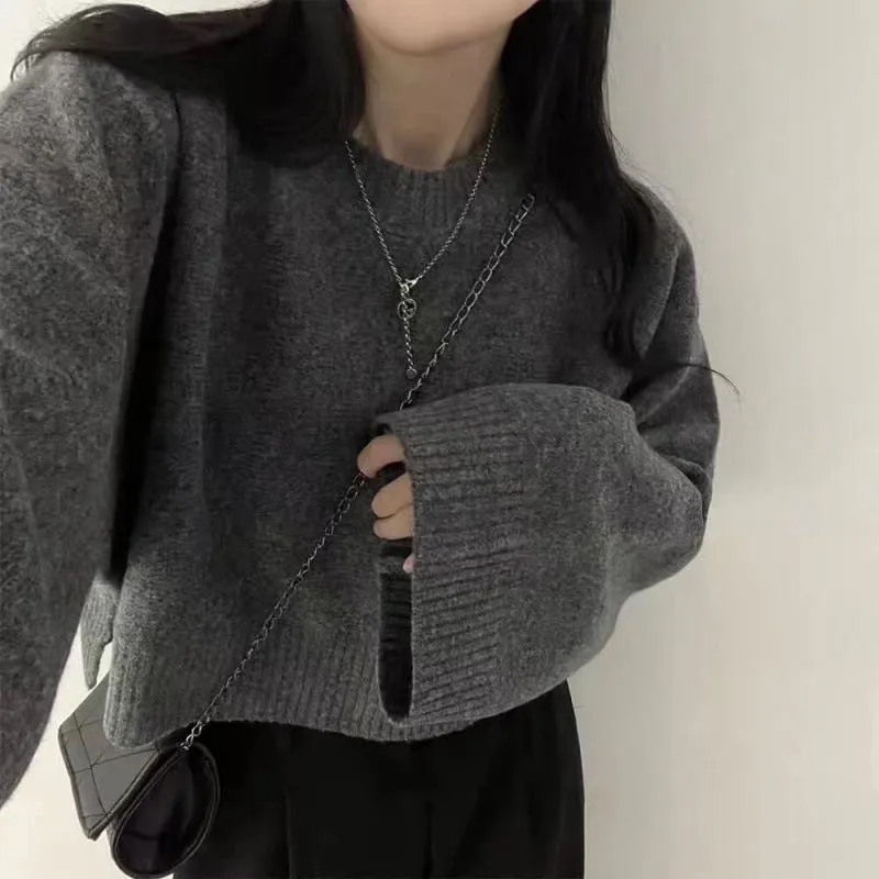 christmas outfit Sonicelife Solid Color Round Collar Pullover Crop Sweater