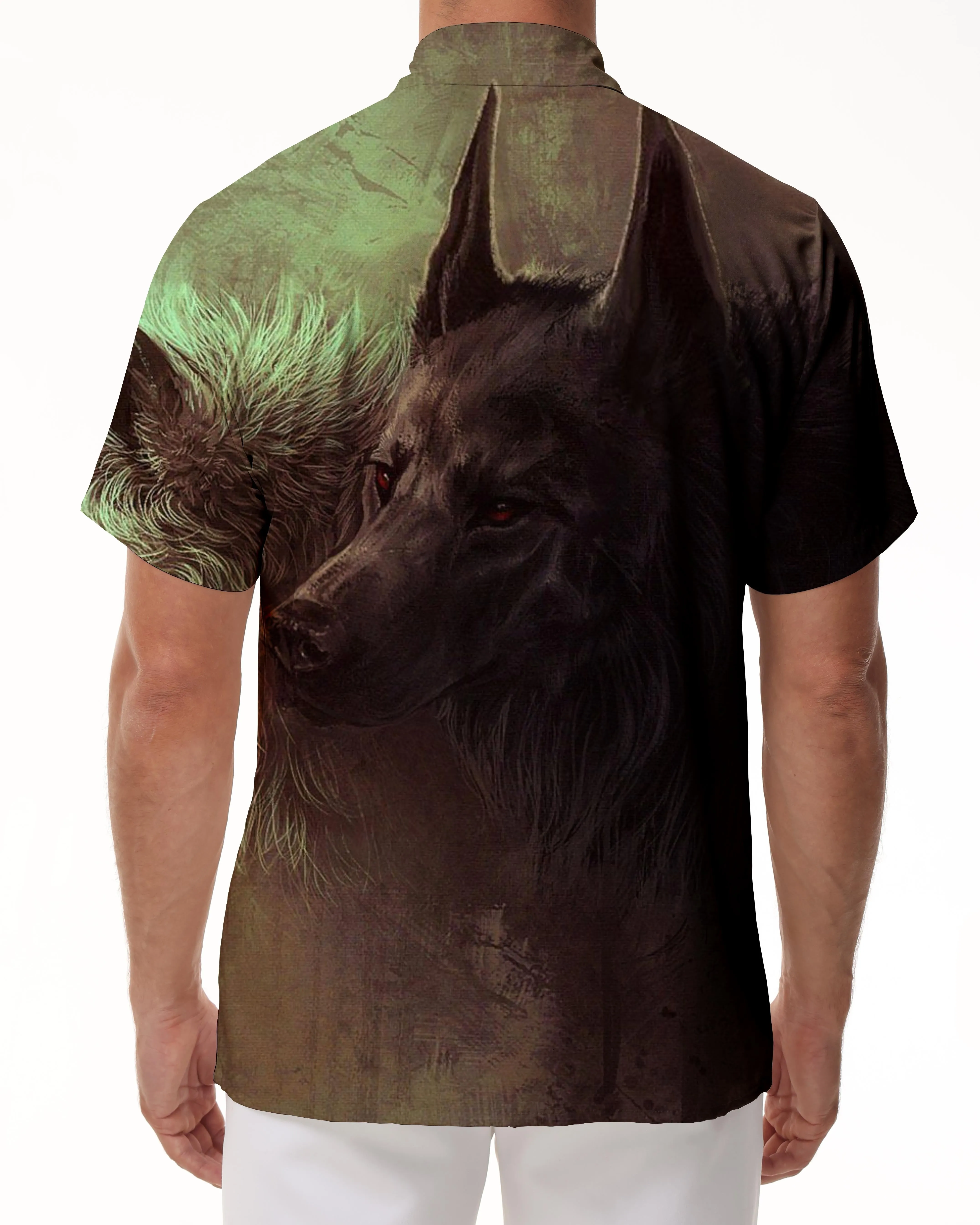Fierce Wolf Head Beach Vacation Cool Hawaiian Button Lapel Men's Printed Pattern Shirt Short Sleeve Black