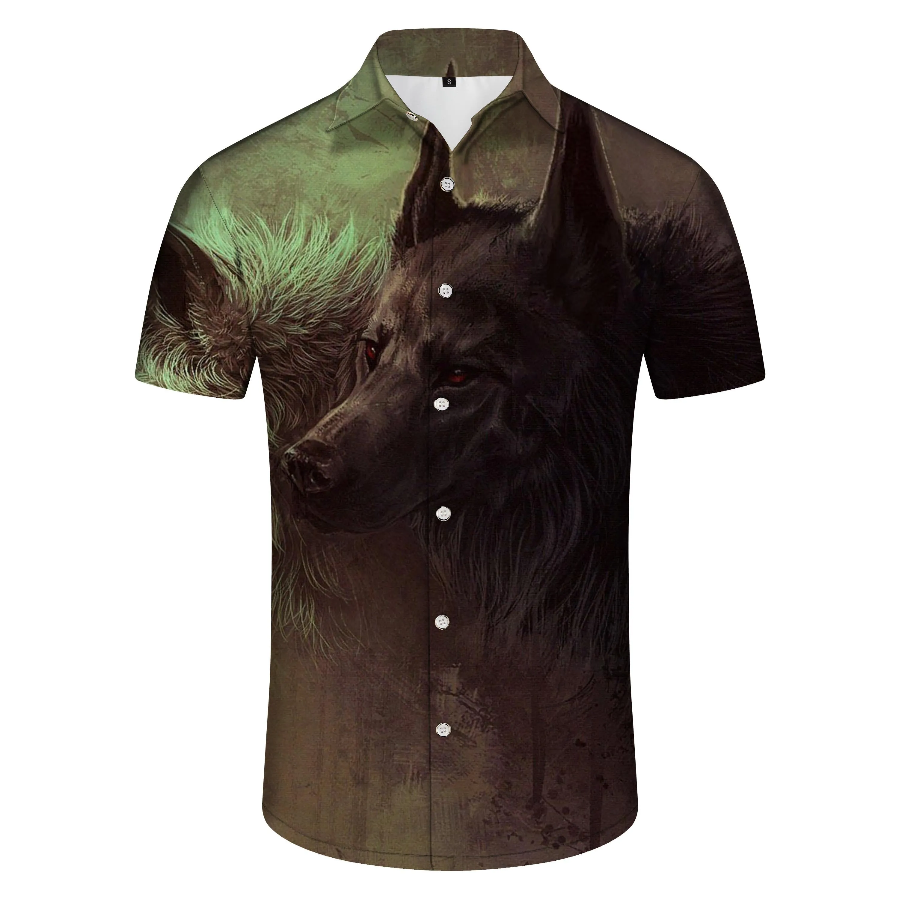 Fierce Wolf Head Beach Vacation Cool Hawaiian Button Lapel Men's Printed Pattern Shirt Short Sleeve Black
