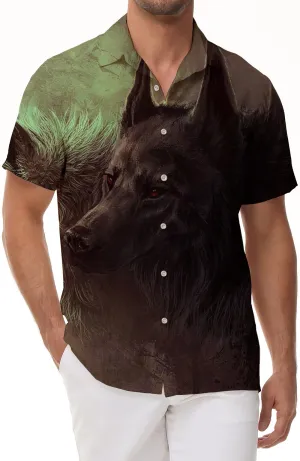 Fierce Wolf Head Beach Vacation Cool Hawaiian Button Lapel Men's Printed Pattern Shirt Short Sleeve Black