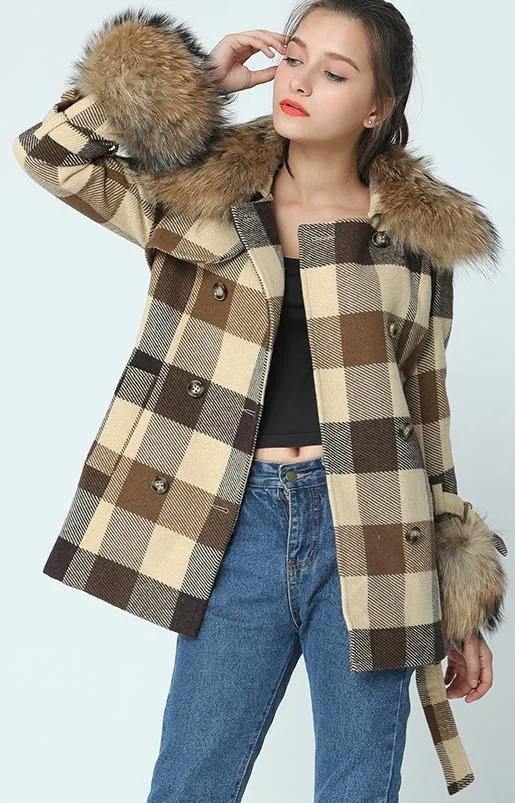 Fur-Trim Short Plaid Wool Coat