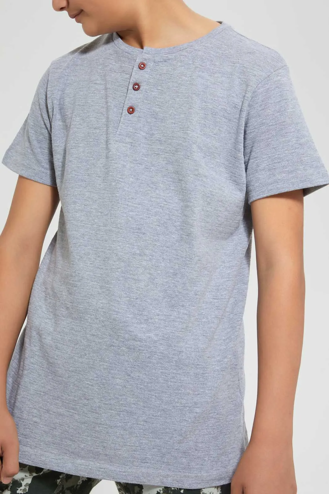 Grey Mélange Jacquard Henley T-Shirt
