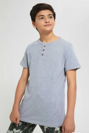 Grey Mélange Jacquard Henley T-Shirt