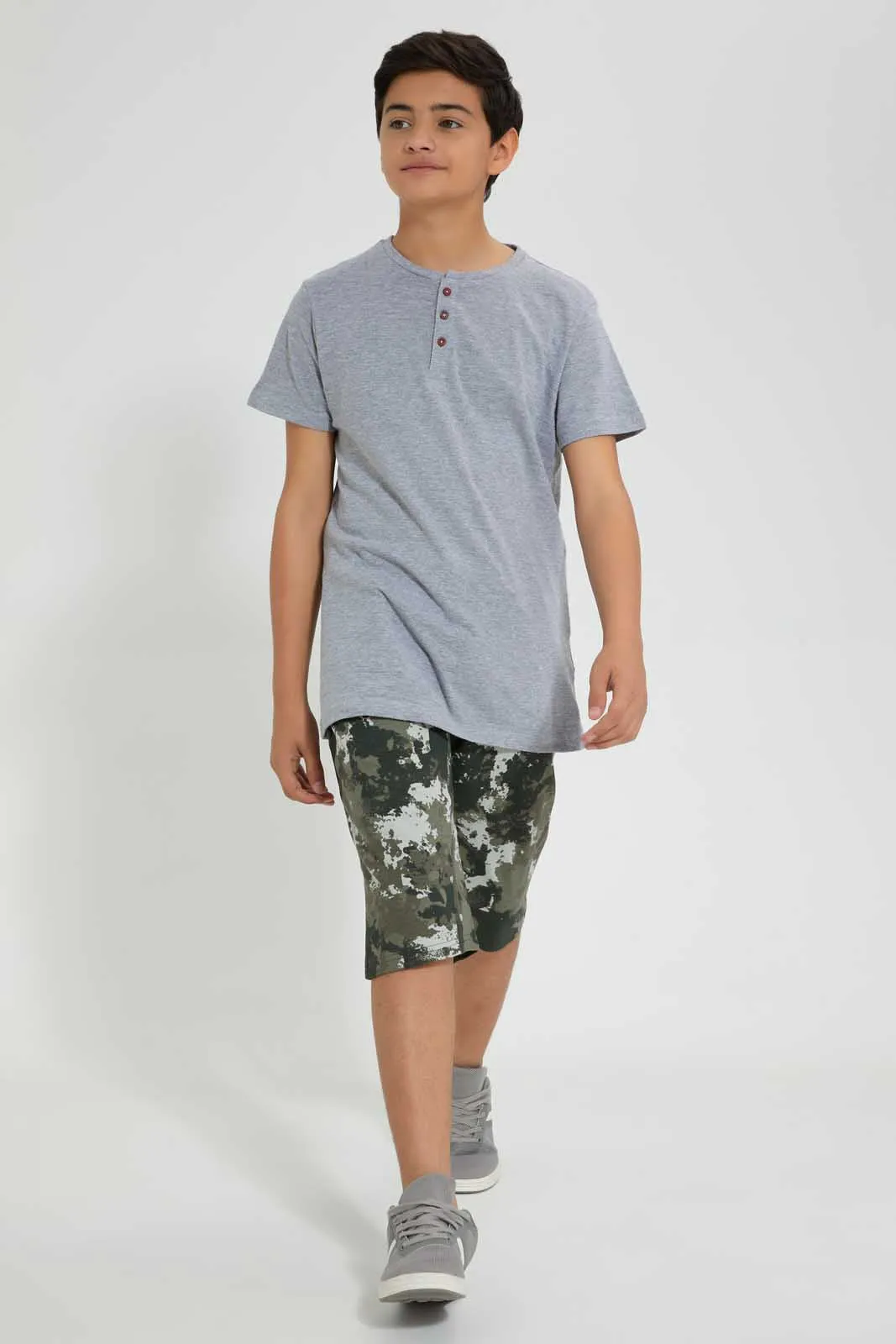 Grey Mélange Jacquard Henley T-Shirt