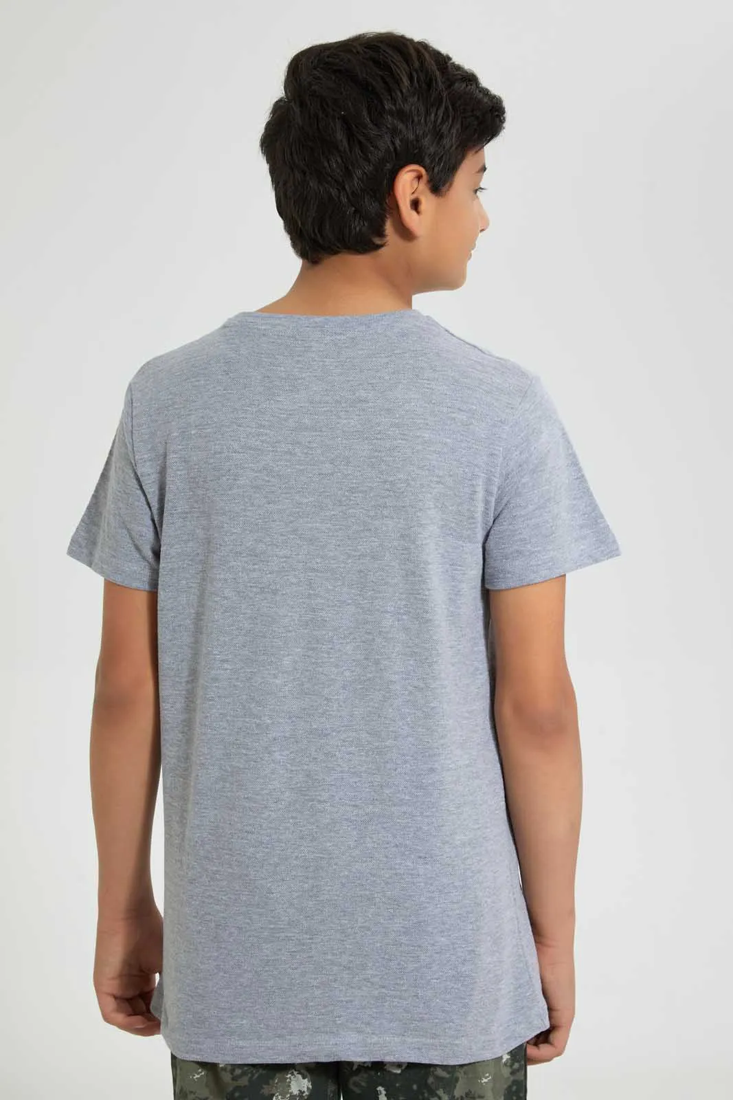 Grey Mélange Jacquard Henley T-Shirt