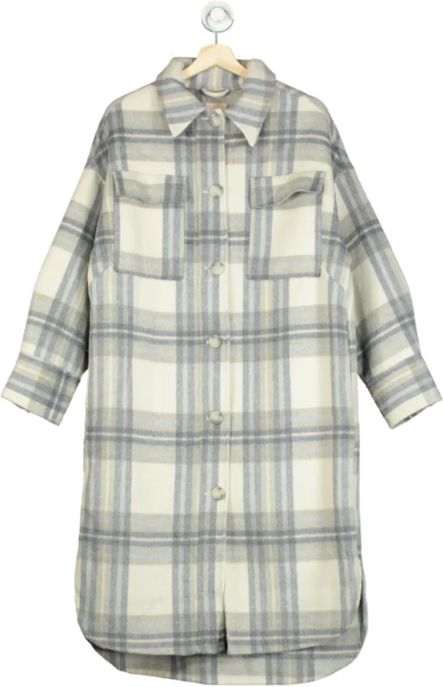 H&M Blue/White Plaid Wool-Blend Long Coat XS