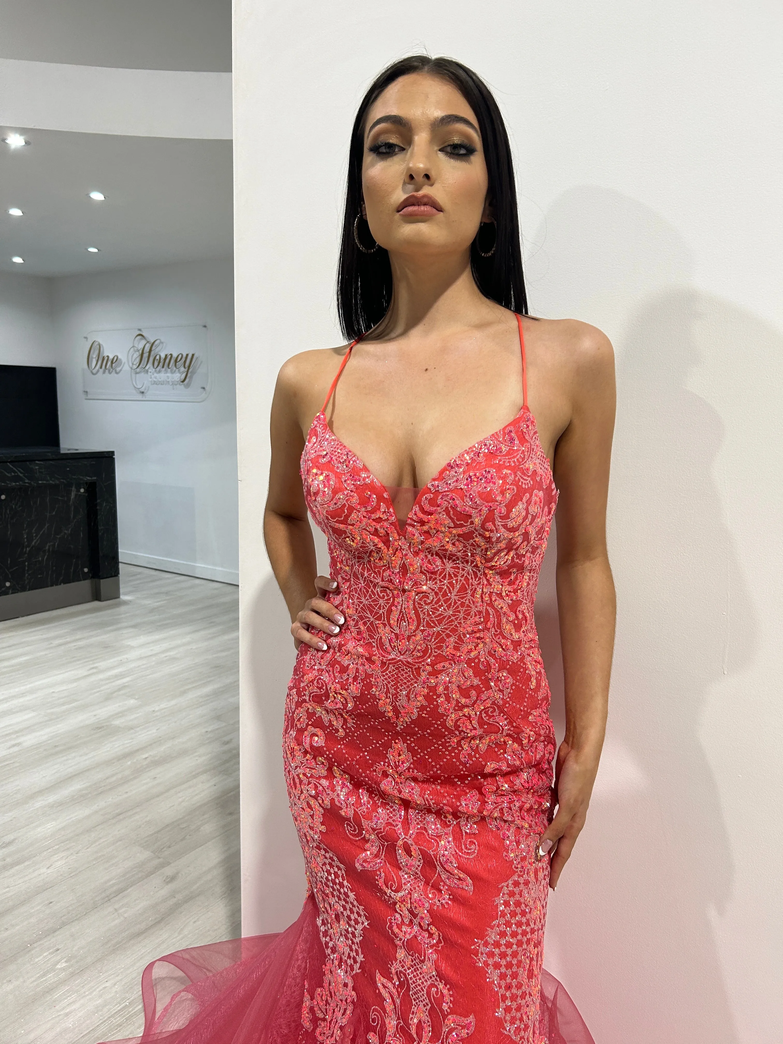 Honey Couture SHAYLA Sequin Glitter Fishtail Mermaid Formal Dress