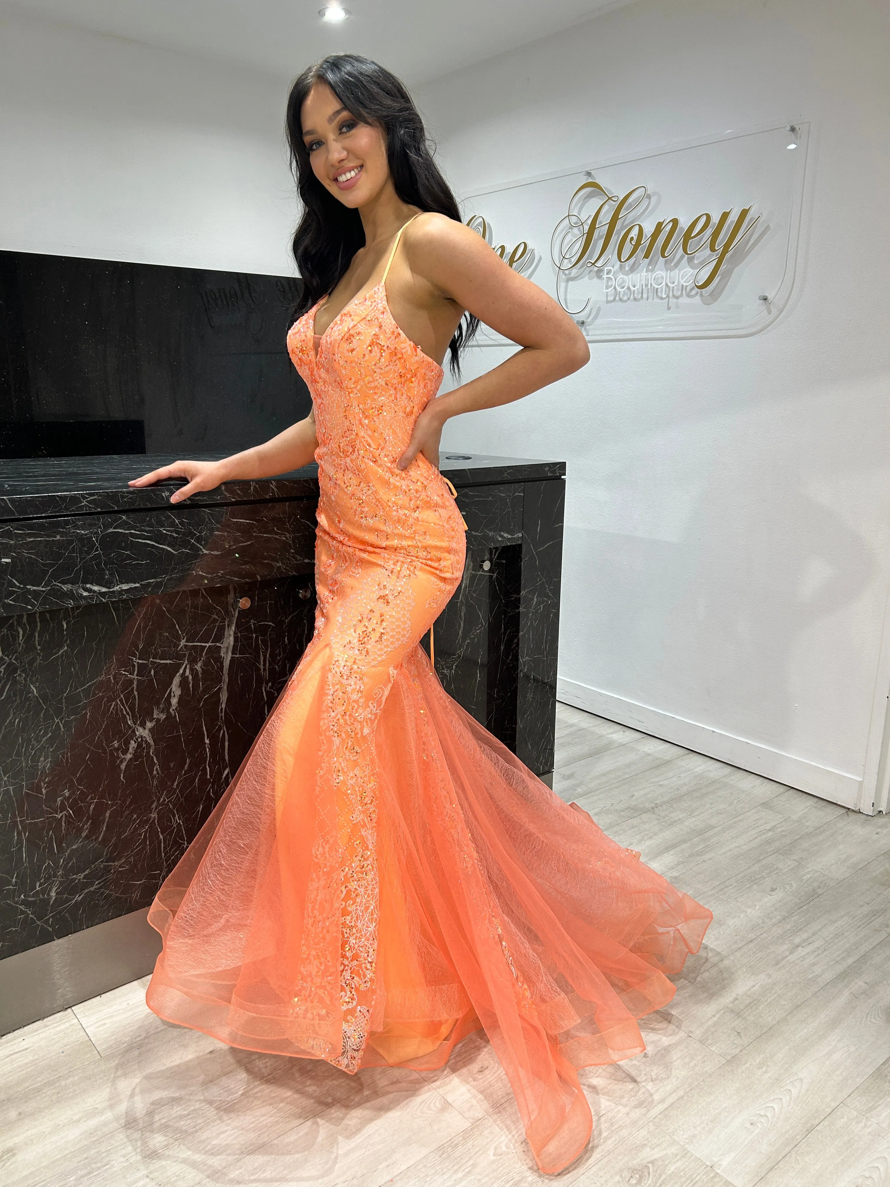 Honey Couture SHAYLA Sequin Glitter Fishtail Mermaid Formal Dress