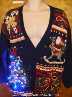 Horrible Black Tacky Xmas Sweater with Tree, Reindeer and Lights