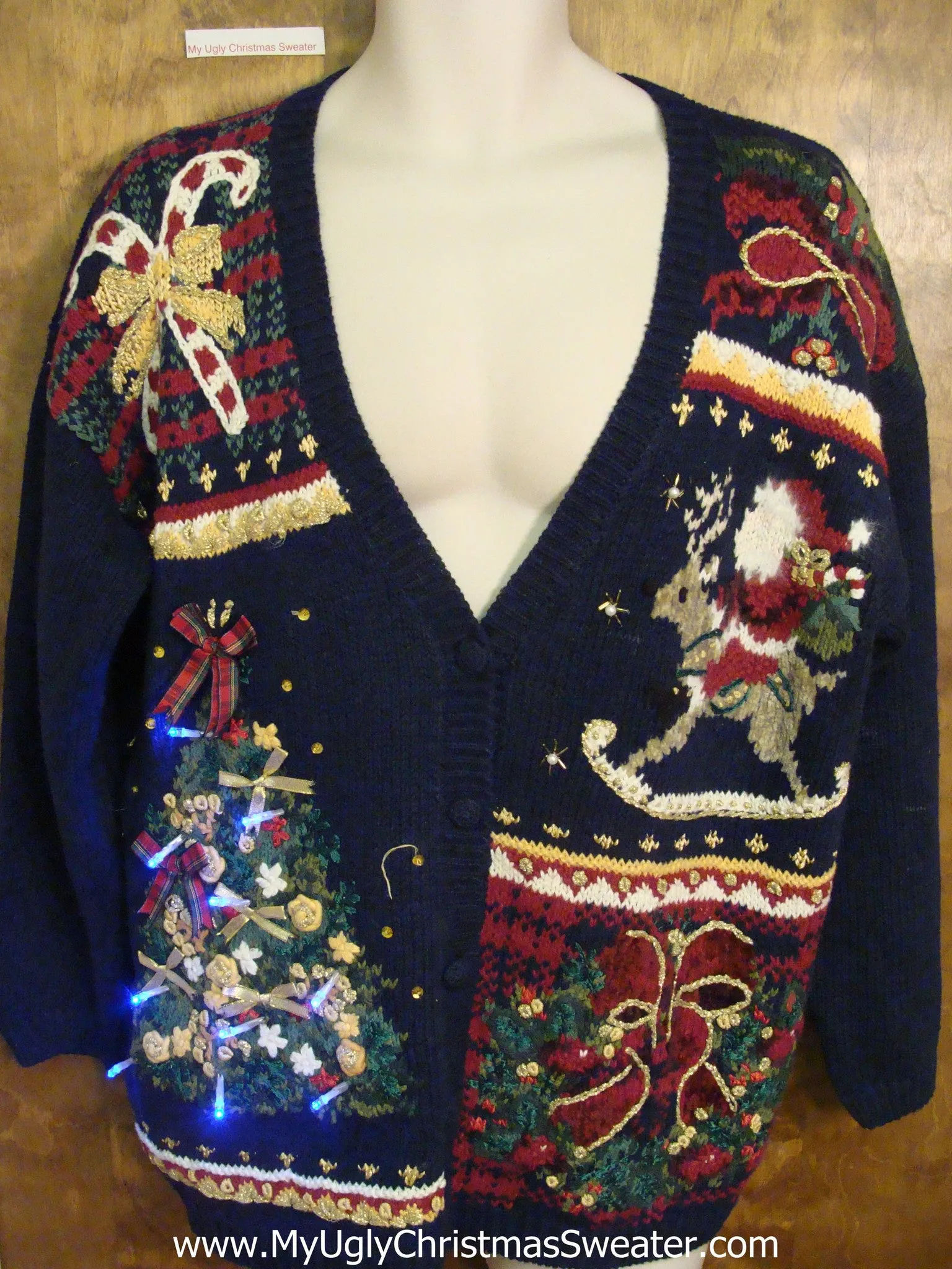 Horrible Black Tacky Xmas Sweater with Tree, Reindeer and Lights