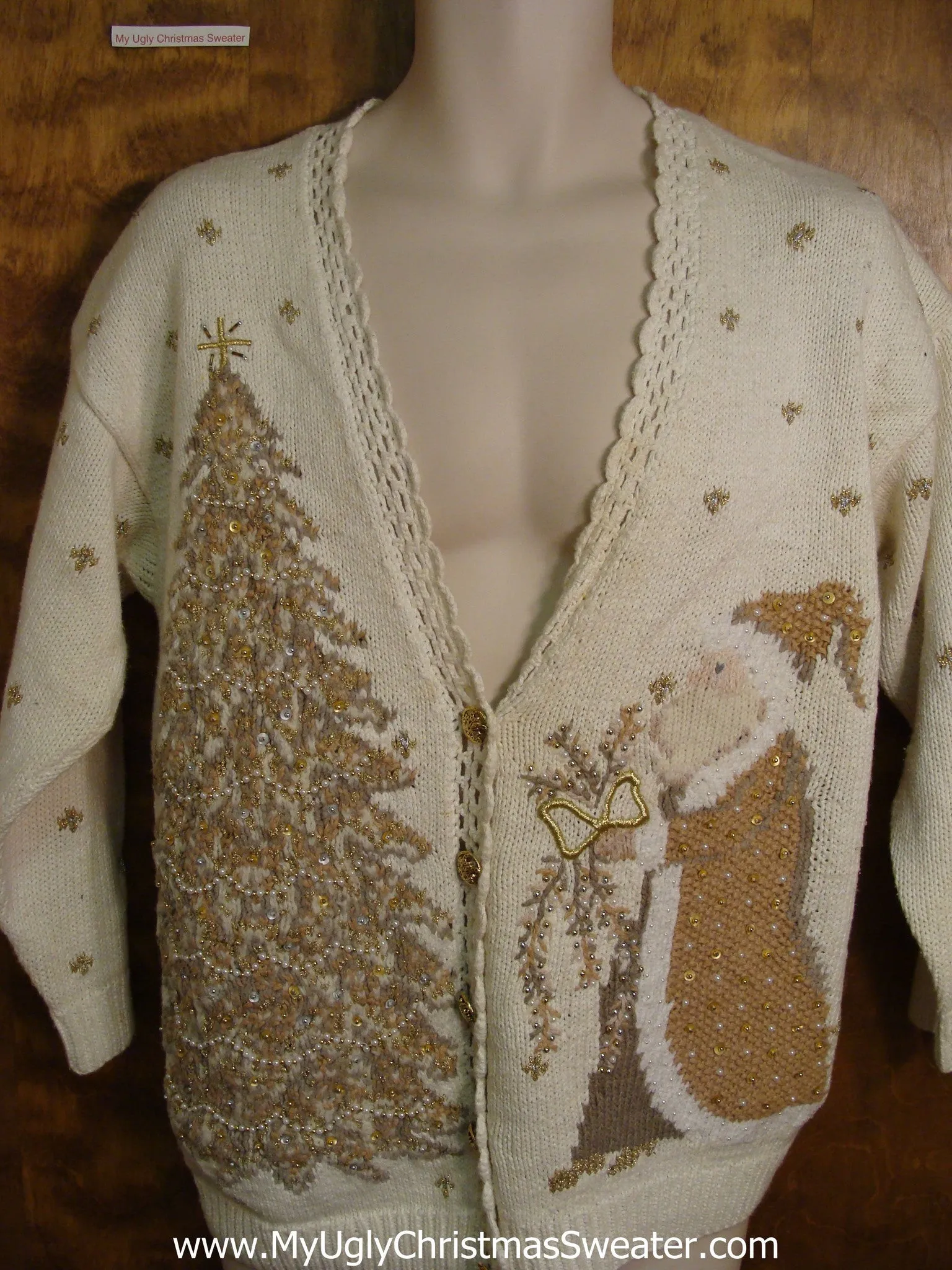 Horrible Gold and Ivory Santa and Tree Ugly Christmas Jumper