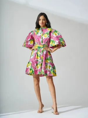 Lemon Ruffle Fantasy Print Cotton Mini Dress