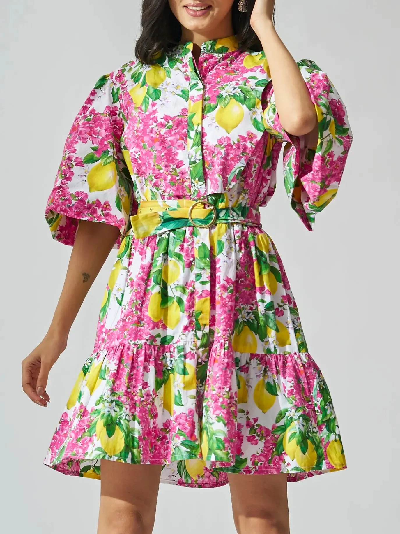 Lemon Ruffle Fantasy Print Cotton Mini Dress