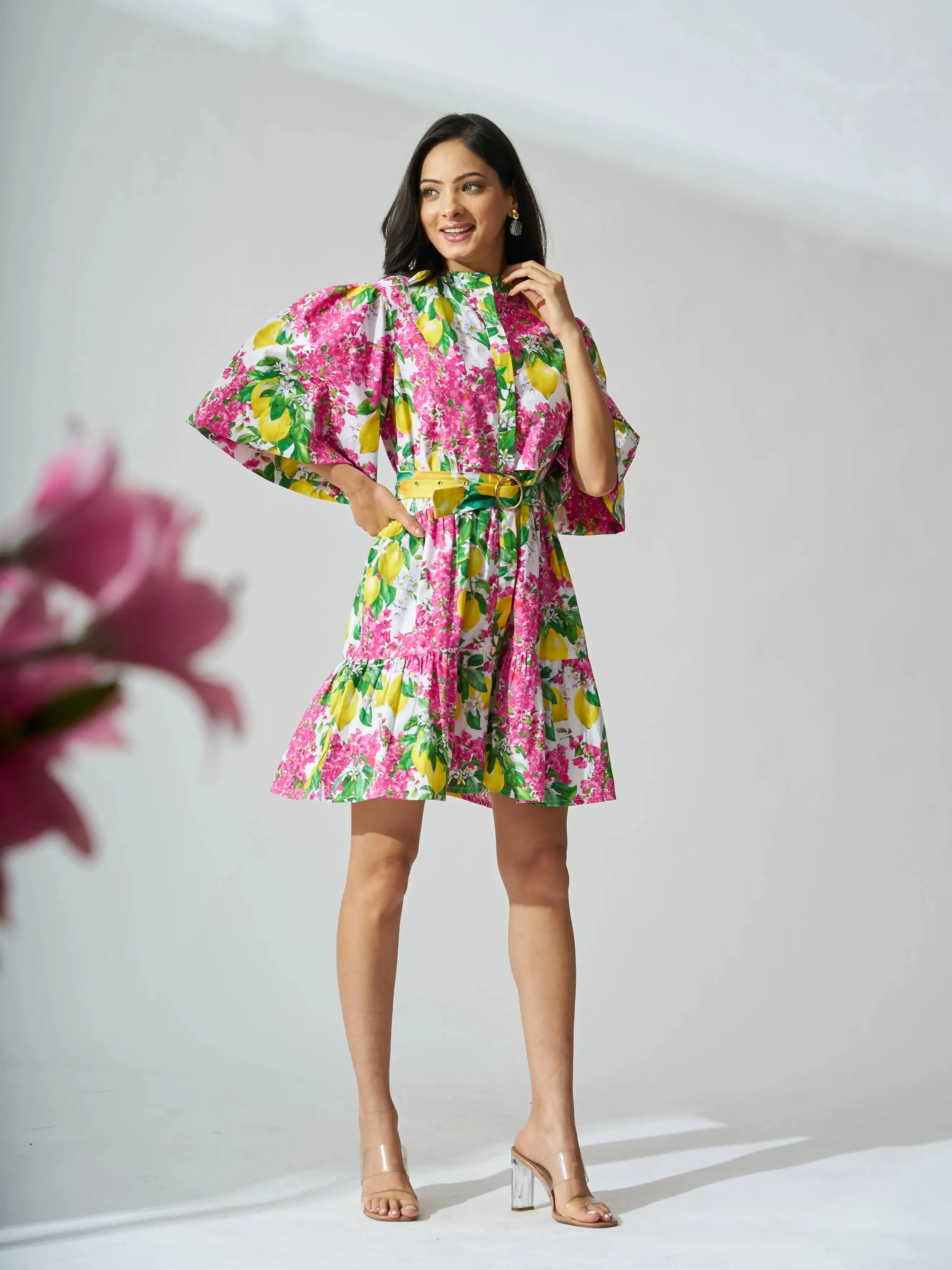 Lemon Ruffle Fantasy Print Cotton Mini Dress