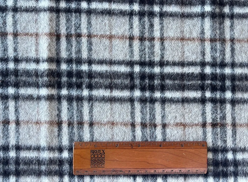 Lighter-Weight Pettable Onyx , Almond & Cinnamon Brushed Wool Blend Plaid (Made in Italy)
